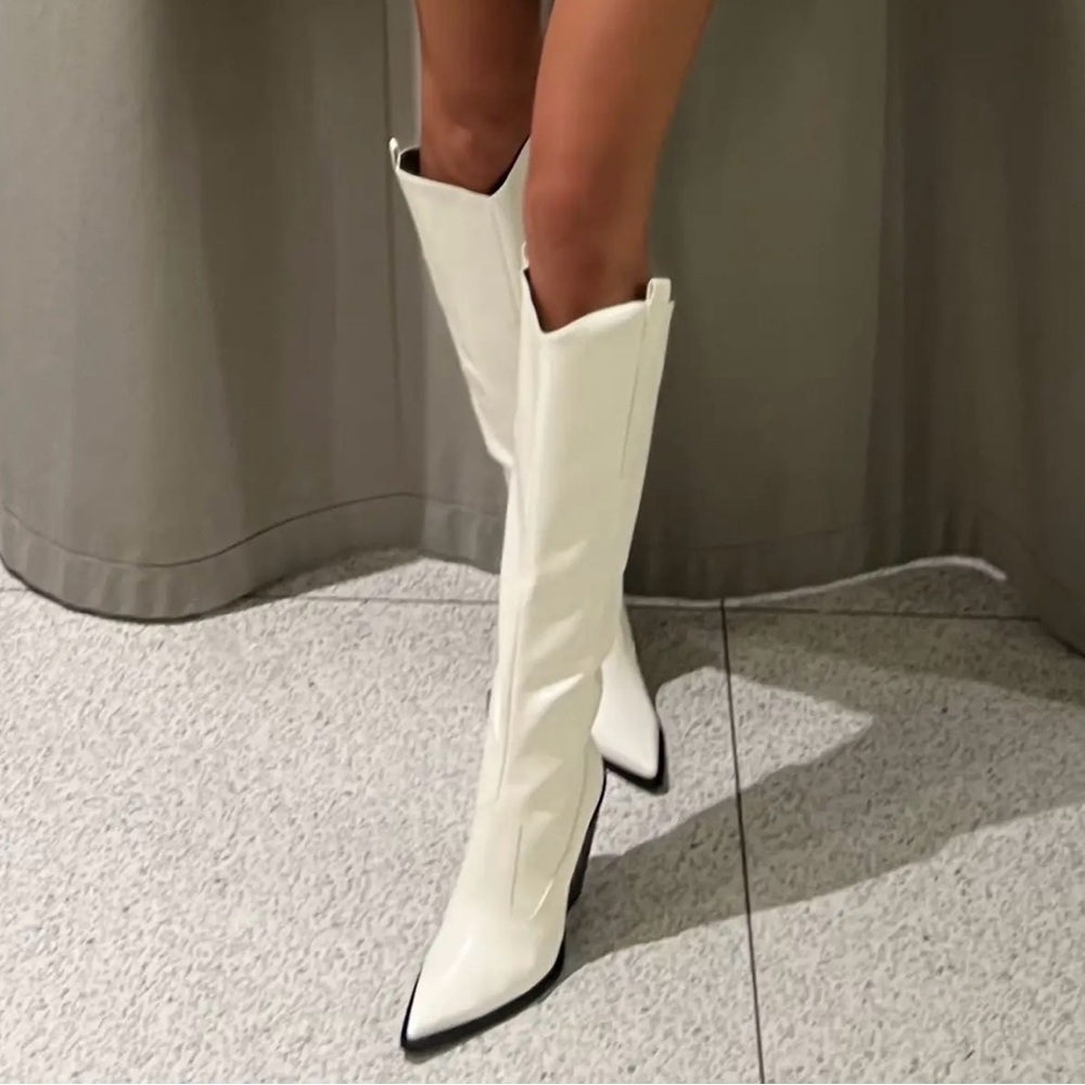 Zara wedge cowboy boots white knee high shoes